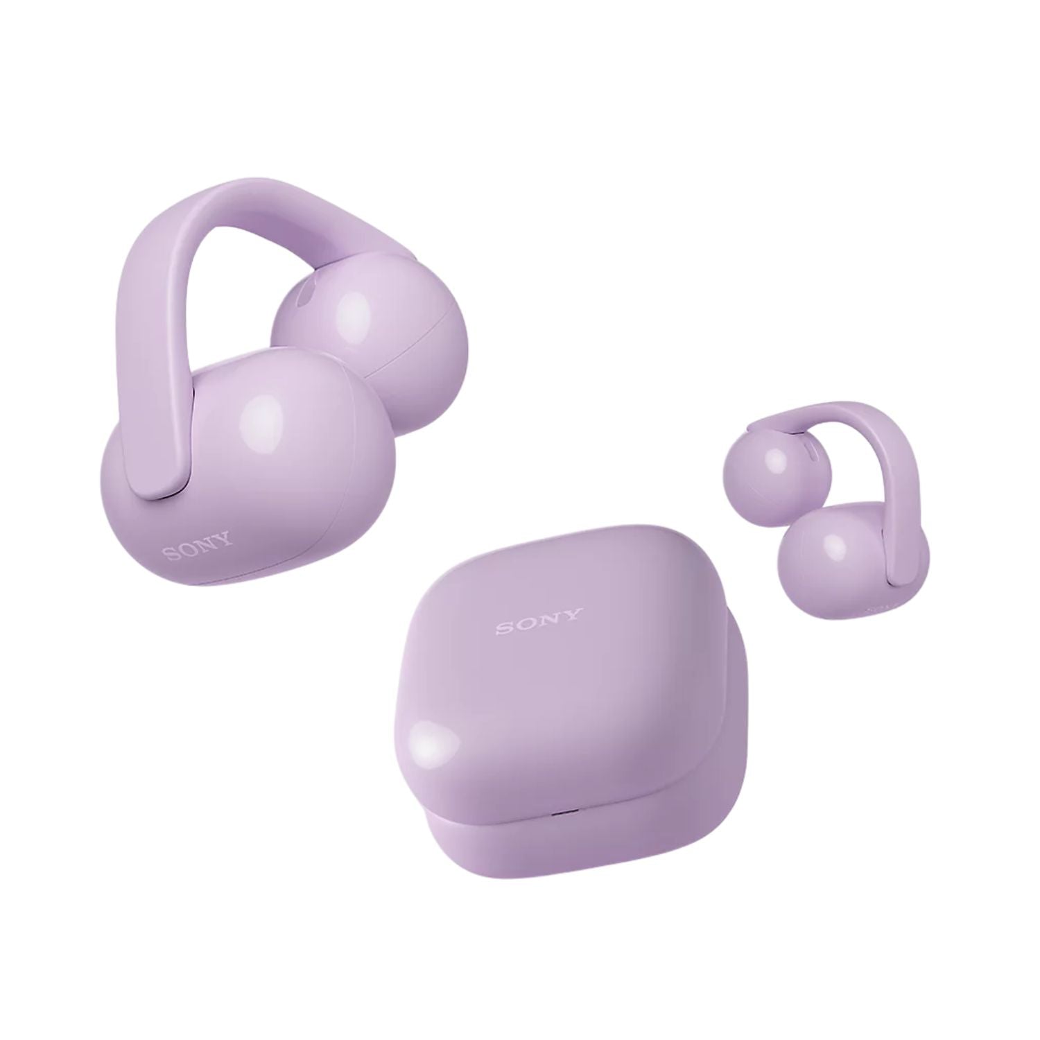 Lavender open-ear true wireless earbuds with charging case and two ear clips